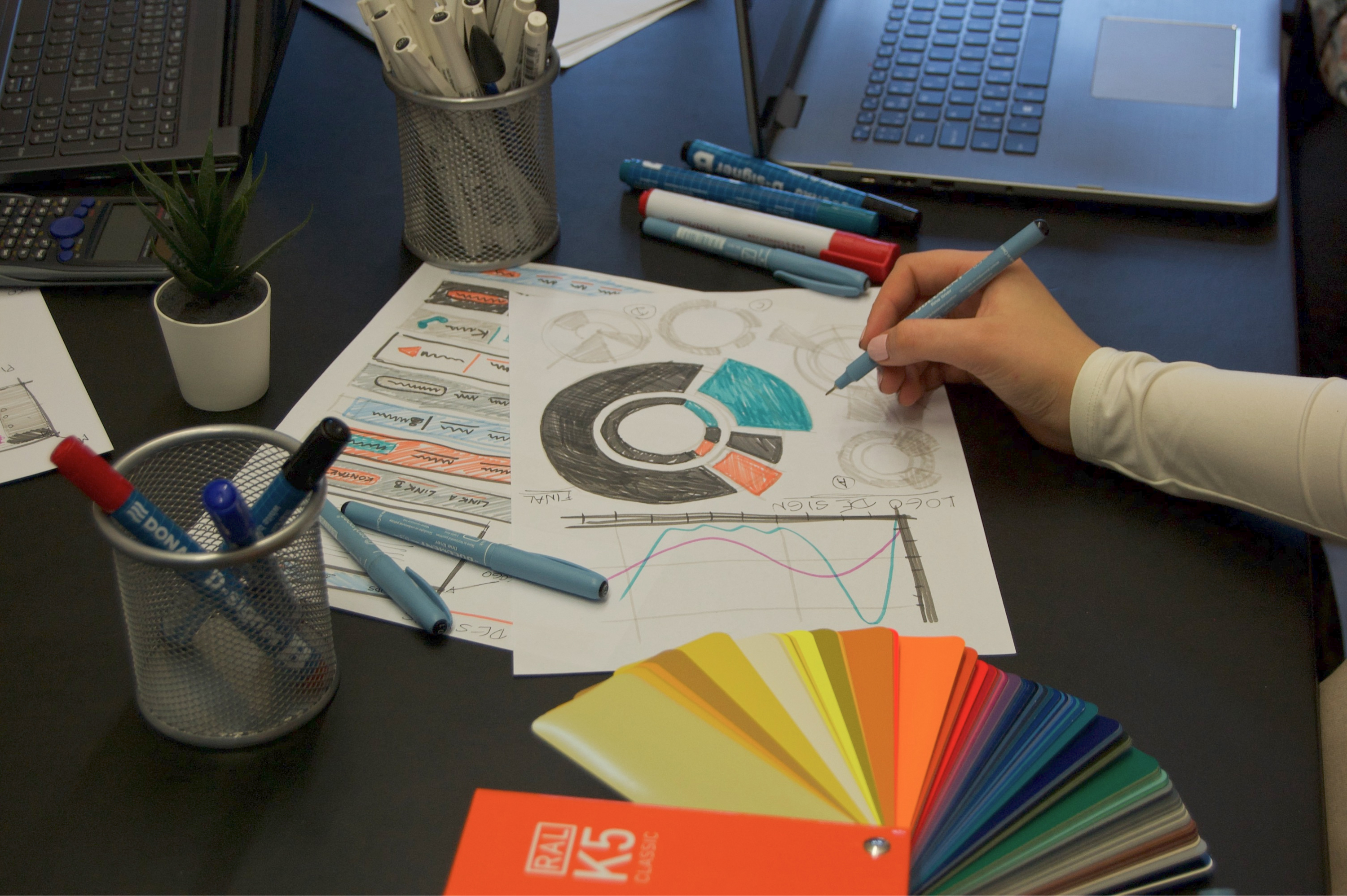 A woman's hand drawing graphs on a paper.